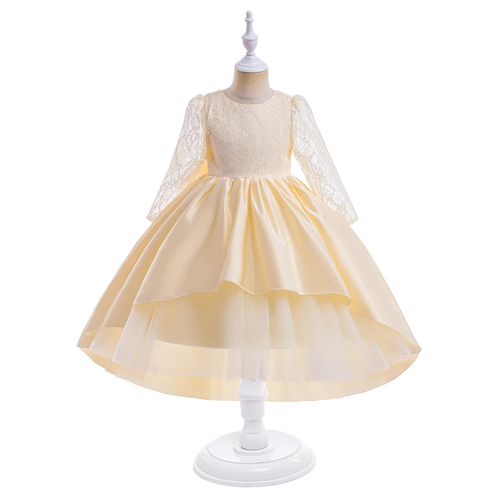 Summer White Lace Bridemaid Girl Dress Trailing Long Sleeve Flower Princess Dress