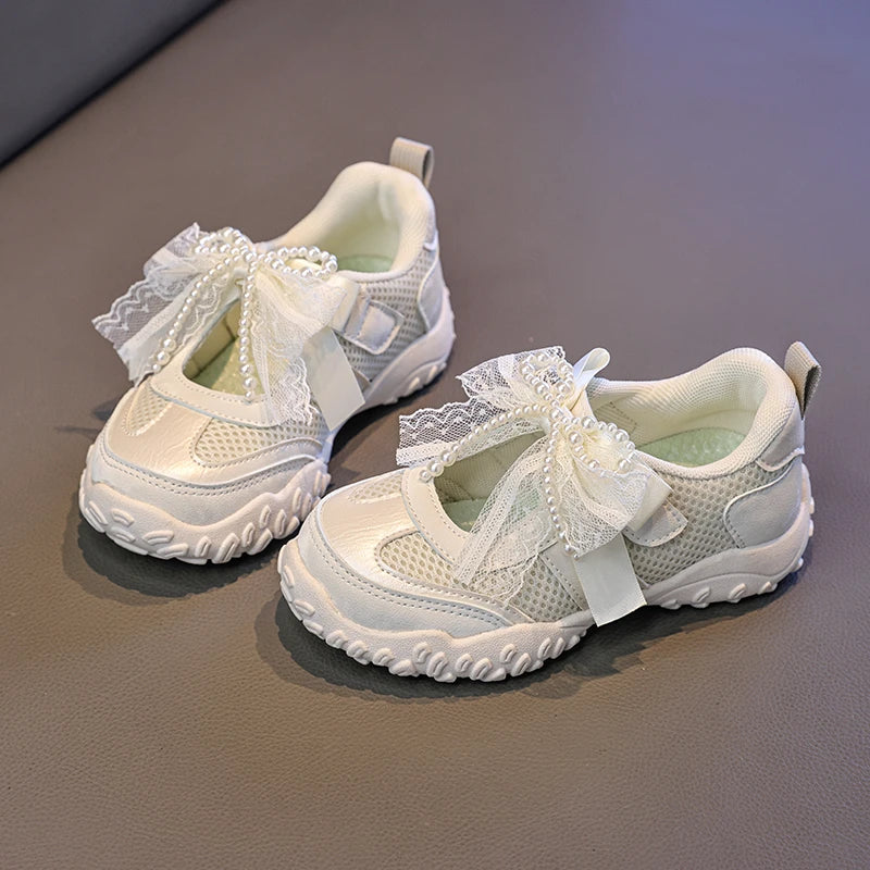 2026 Summer Kids Sport Sneakers for Girl Pearl Lace Mary Jane Flats Lightweight Non-Slip