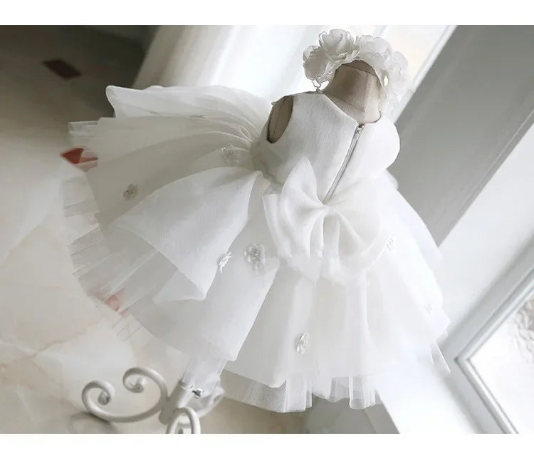 Newborn Baptism Dress For Baby Girl White First Birthday Party Wear 3D Flower Toddler Girl Christening Gown Wedding Vestidos
