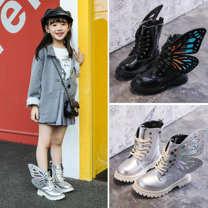 Girls Boots 2025 New Autumn Winter Fashion Butterfly Princess Botas Casual Non-slip Ankle Boots Silver Patent Leather Kids Shoes