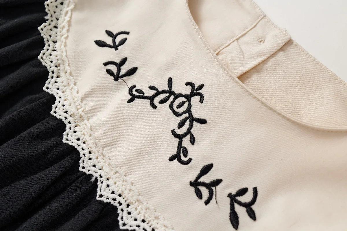 Toddler Girls Retro Dress Spring Autumn Cotton Lace Spliced Children Girls Dresses