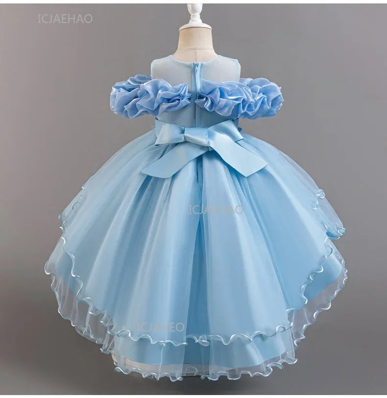 Girls Flower Girl Dress with Train Tulle Princess Gown Christmas Birthday Party Pageant Formal Dresses Kids Children Clothing