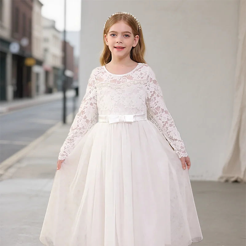 Spring And Summer New Girls' Long Sleeved Embroidered Dress With White Mesh