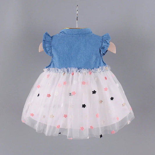 Baby Girls Dresses Summer 1-4Years Kids Tulle Dress Ruffles Sleeve Denim Cotton Mesh