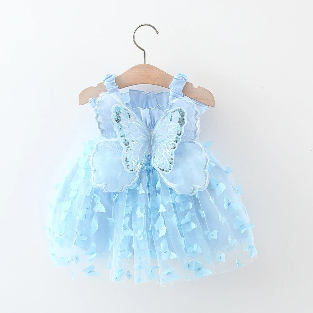 Raven Girls Summer Dress with Butterfly Mesh Splicing