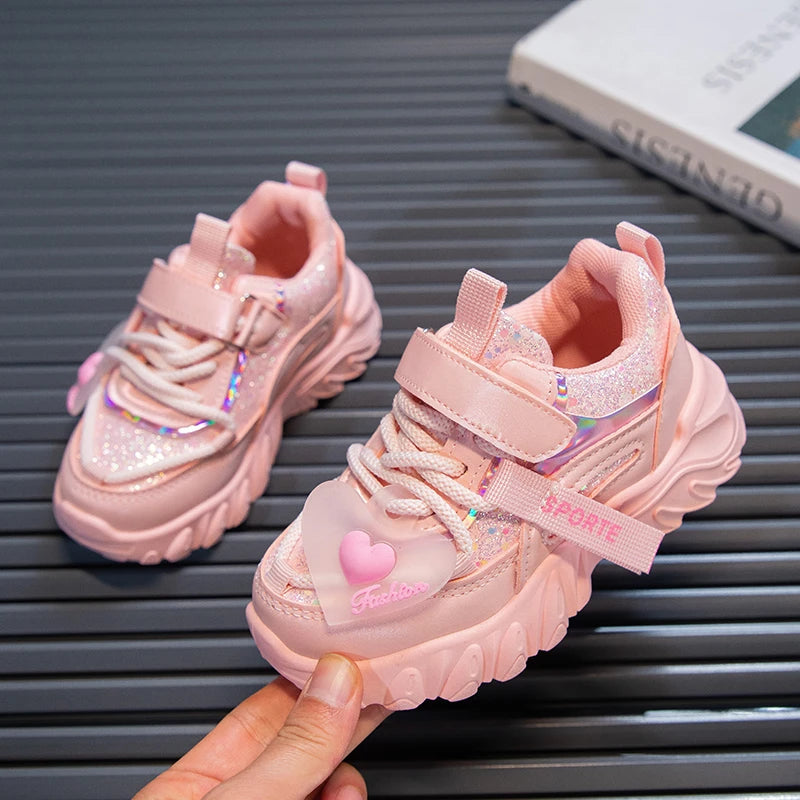 Girls Sports Shoes Kids Running Sneakers for School Fashion Cute Shiny Non-slip Children's
