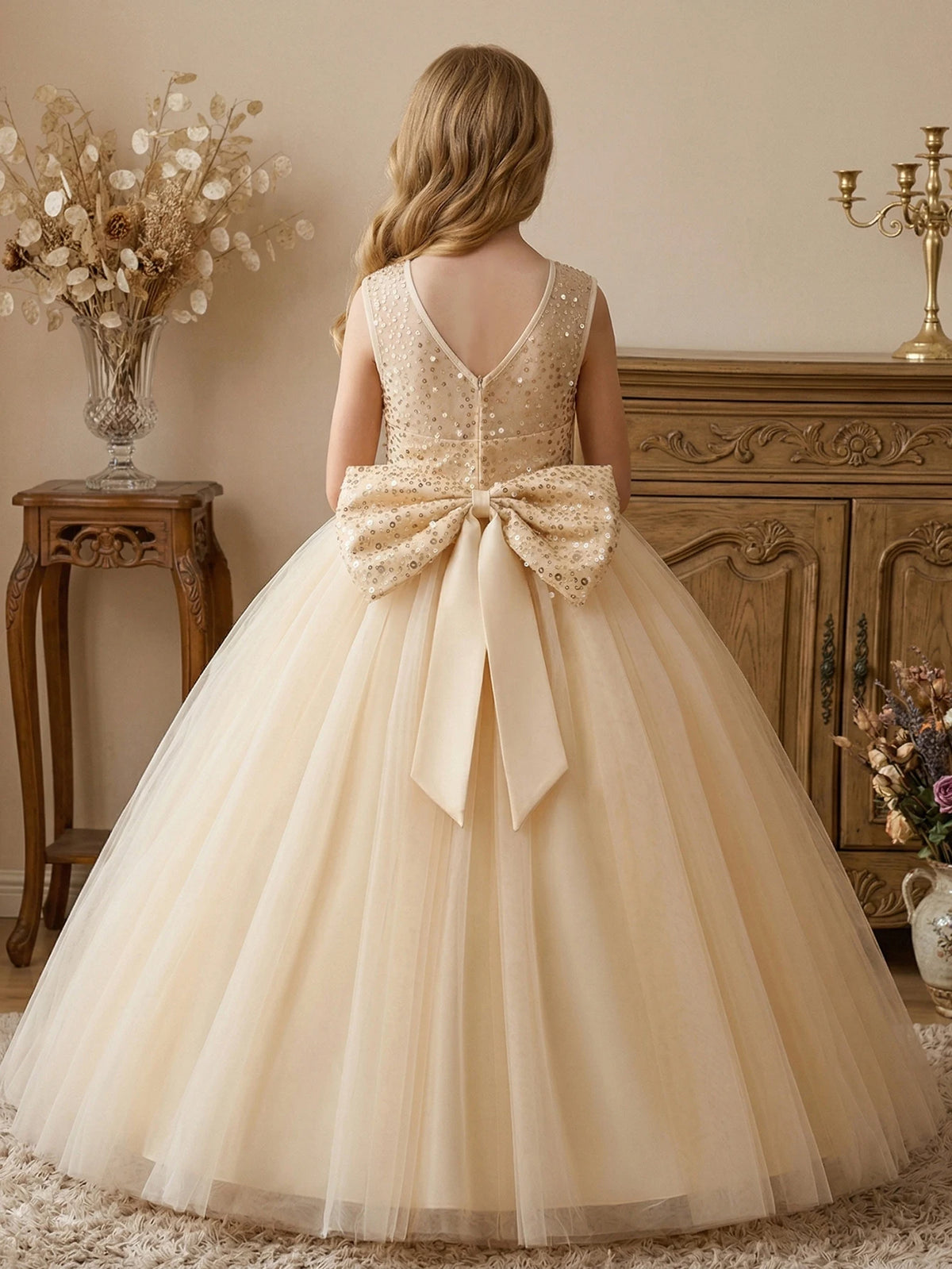 Girl Party Dress Pink Long-style Evening Dress with Large Bow V-neck A Magnificent Evening Dress, Birthday Party, Ball, Banquet