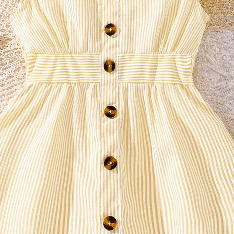 4-7 Years Girl Dress Summer New Stripe Ruffled Sleeveless V-Neck Dress