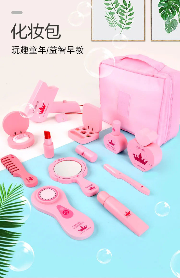 New Wooden Girls Makeup Set Pink Make Up Bag Toy Wood Simulation Cosmetic Handbag Pretend Play Toys For Girl Gifts Pretend Play