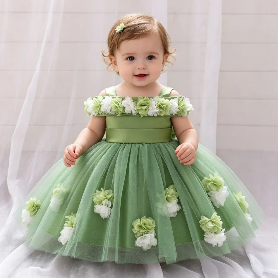 New Baby Girls 1st Princess Dress Infant Three-dimensional Flower One-word Shoulder Mesh Dress Baby Girl Performance Dress ASQ03