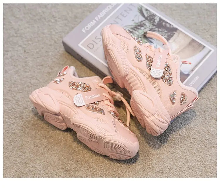 2022 Spring Fashion Women Sneakers Kids Toddler Girl Shoes Rhinestones Glittering Childen Outdoor Leisure Sports White Shoes Red