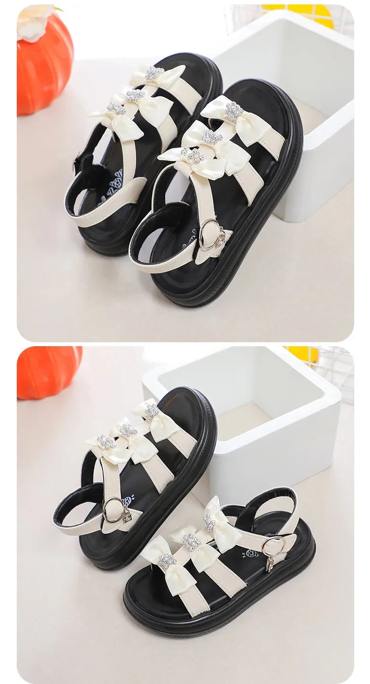 Girls Beach Shoes with Sweet Bows Soft Sole Kids Sandals Versatile 2025 Summer New Children Princess Shoes