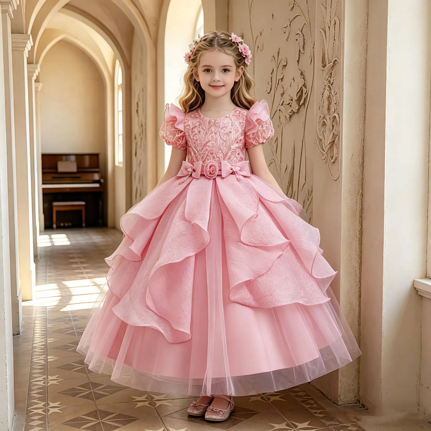 Gorgeous Elegant Girl Dress Model Show Piano Performance Birthday Party