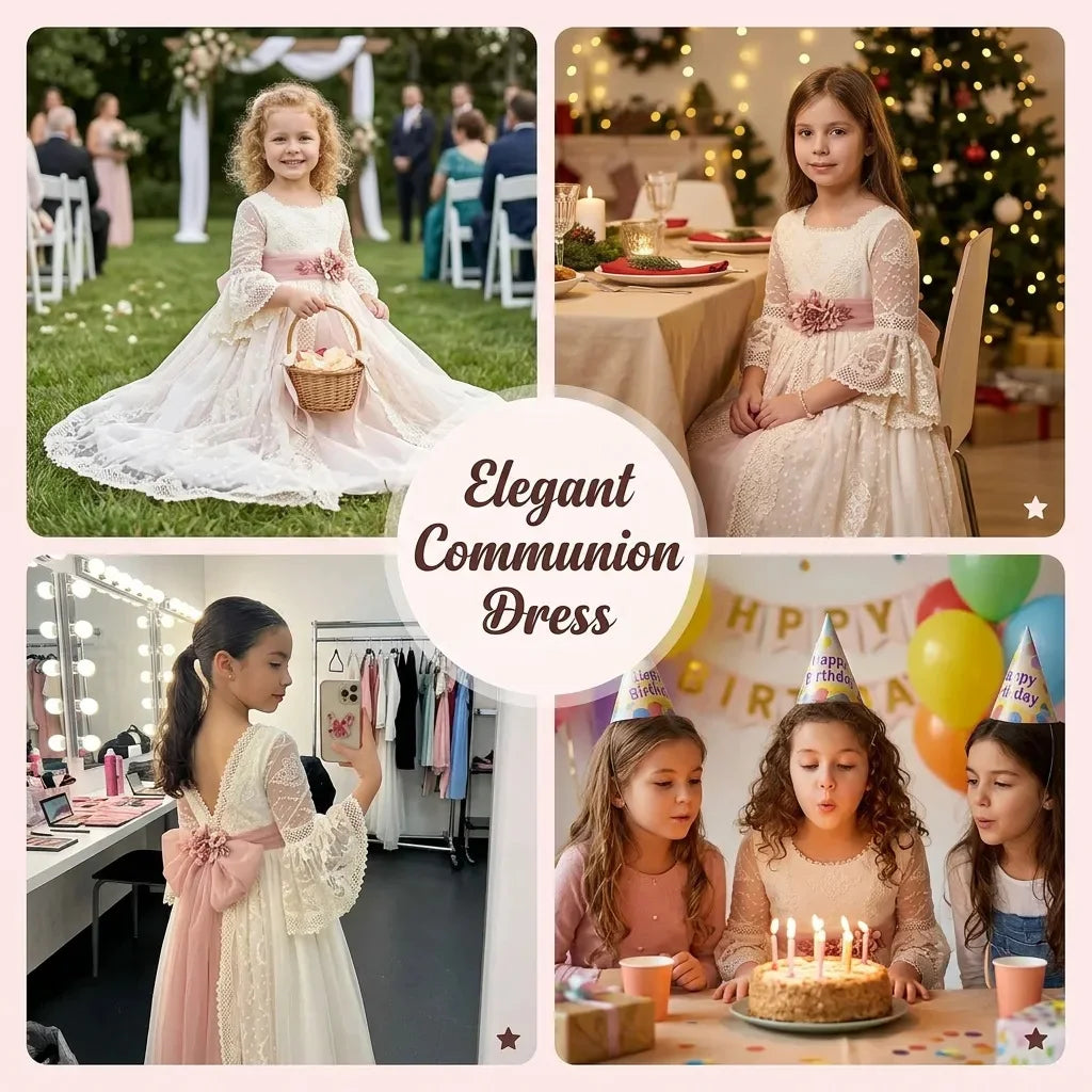 BABYONLINE Customized Comunión Dress Puff Sleeve Lace Embroidery Vestidos De Niñas