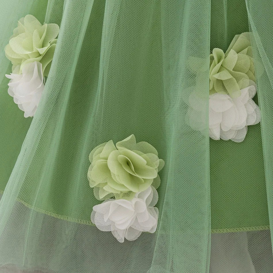 New Baby Girls 1st Princess Dress Infant Three-dimensional Flower One-word Shoulder Mesh Dress Baby Girl Performance Dress ASQ03