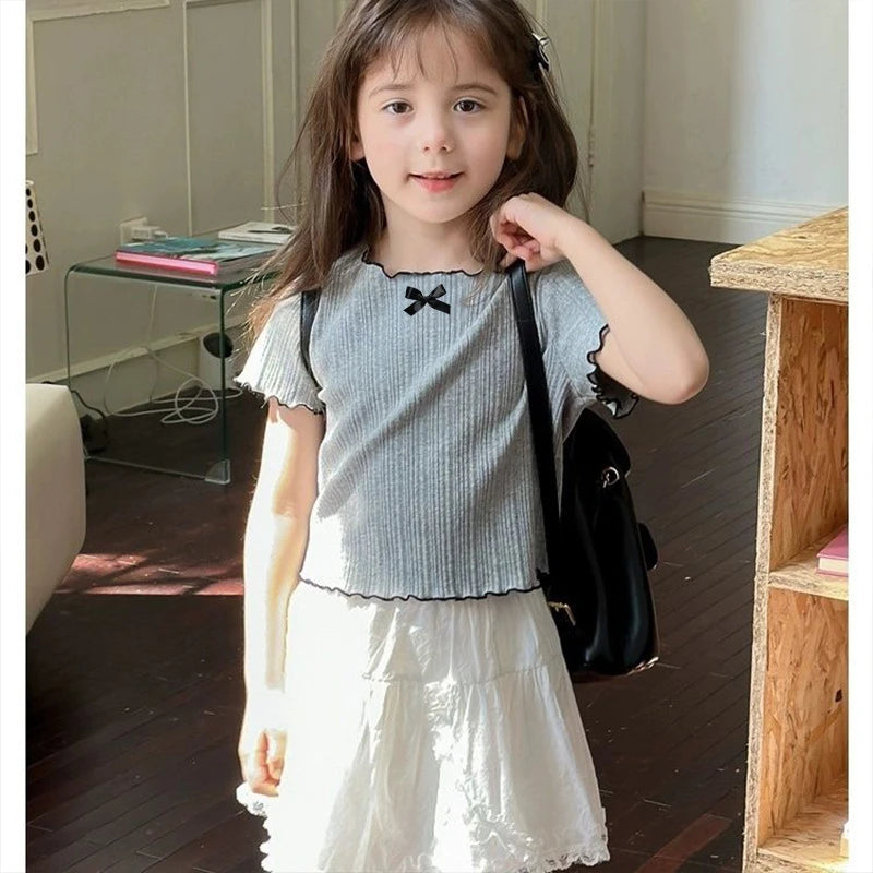 Girls Ruched Top - Rachel Lace-Trimmed Short Sleeve