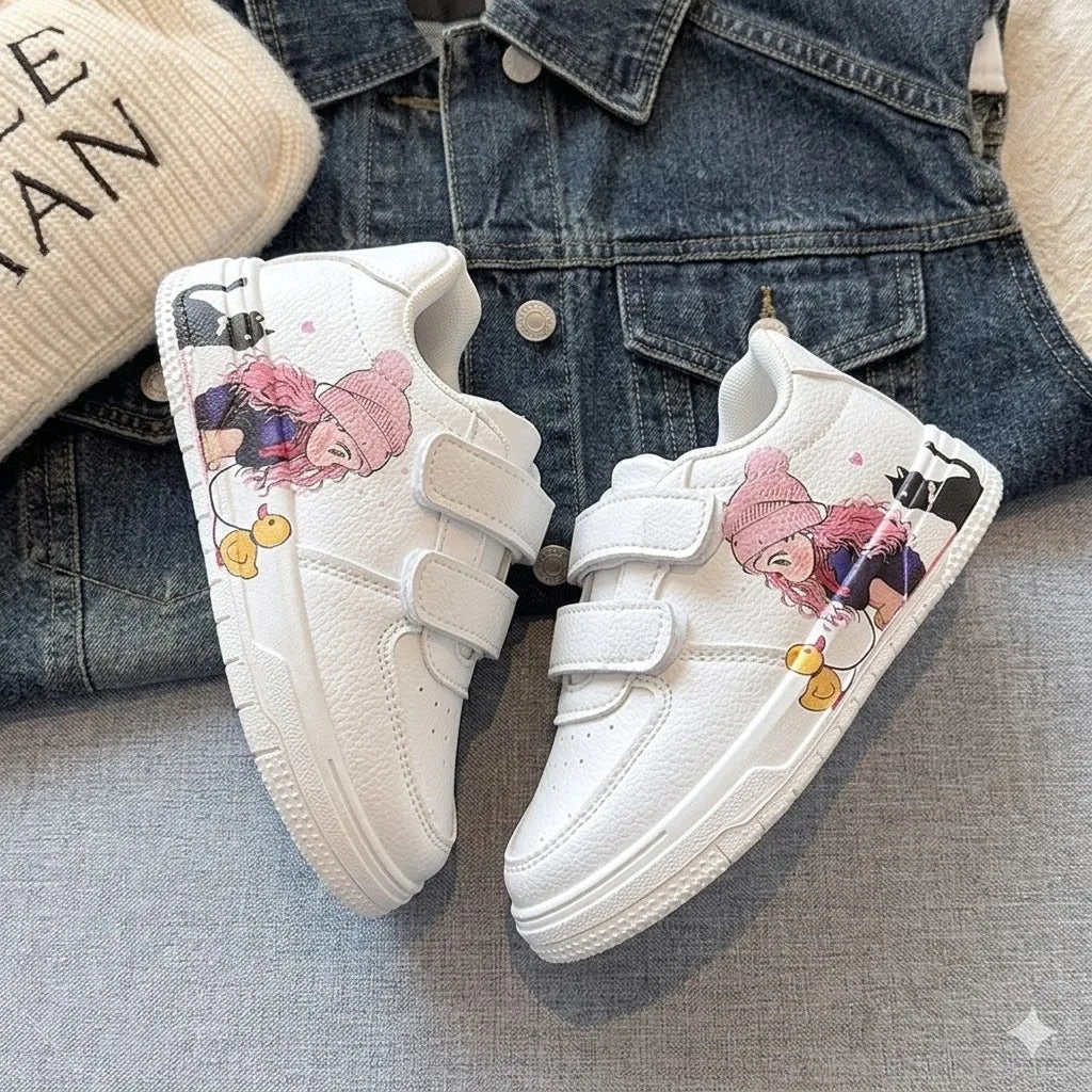 Girls White Shoes with Cartoon Girl Cat Prints Kids Casual Sneakers Fashion 2026 Spring Autumn Fashion Non-slip Classic 21-38