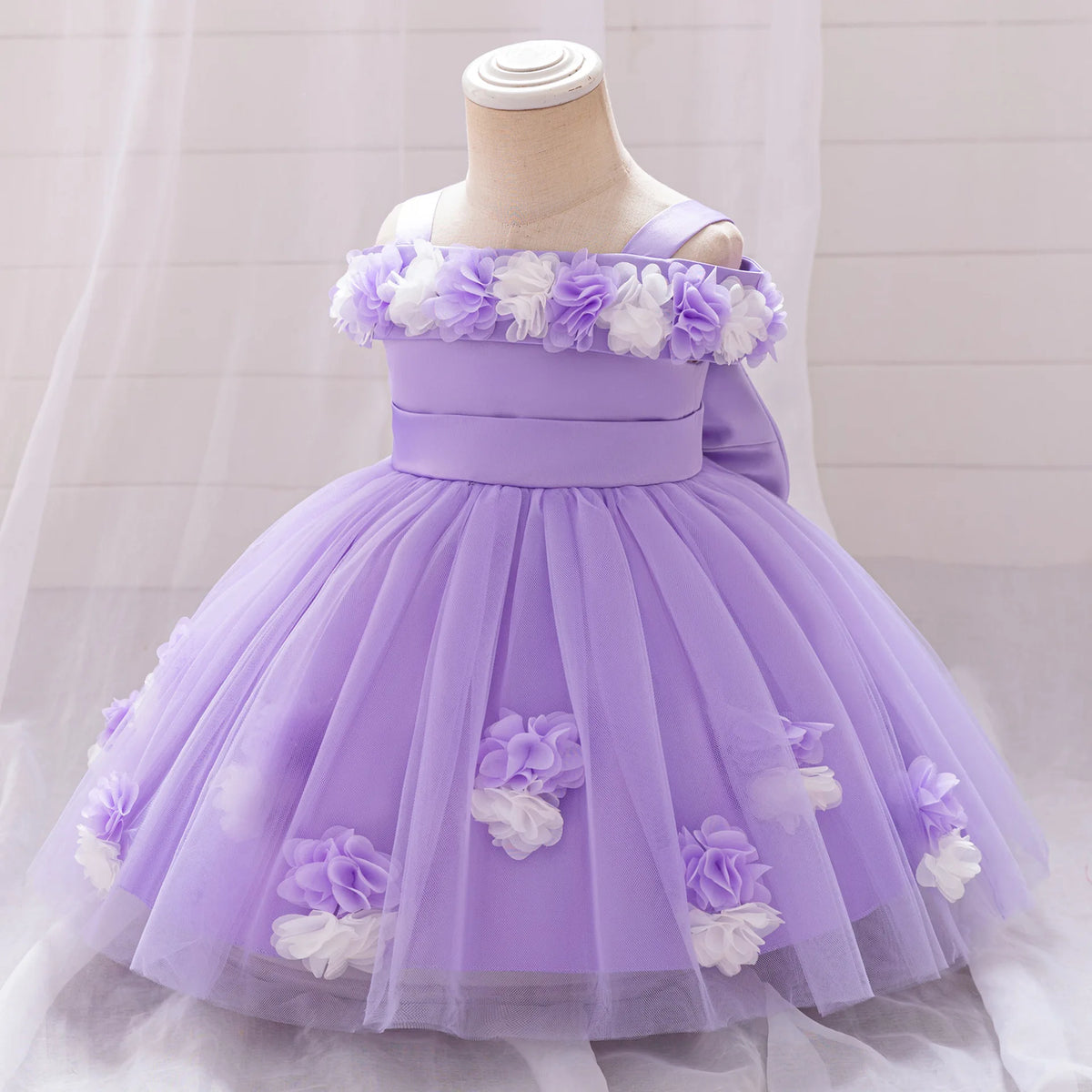 New Baby Girls 1st Princess Dress Infant Three-dimensional Flower One-word Shoulder Mesh Dress Baby Girl Performance Dress ASQ03