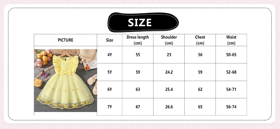 Dress For Girls Yellow O-Neck Fly-Sleeve Tulle Bowknot