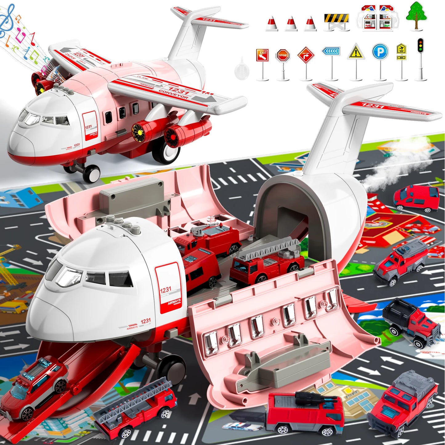 Kids Airplane Toy Set With Fire Trucks For Ages 4-8