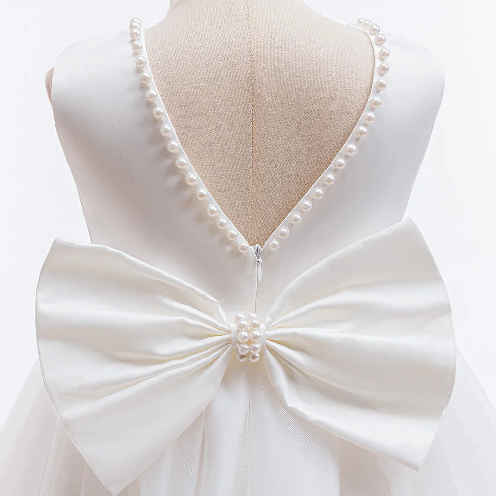 Girls Elegant White Communion Party Dress For Toddler Kids  Sleeveless Princess Tulle Dress