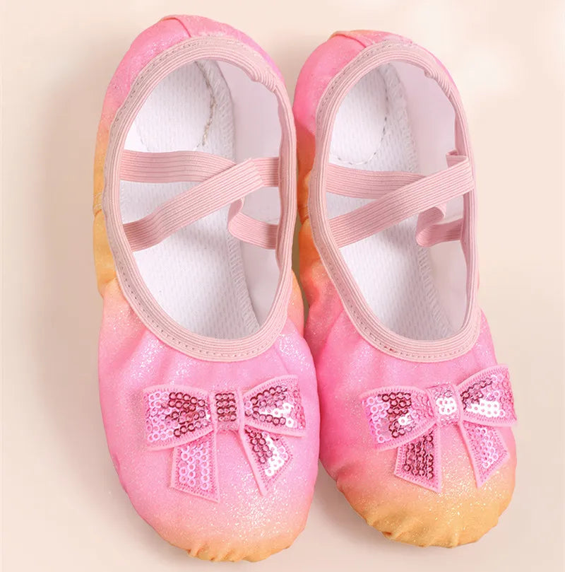 Children's Dance Shoes Girls Ballet Flats Shoes Rainbow Bow Sequins Leather Soft Soled