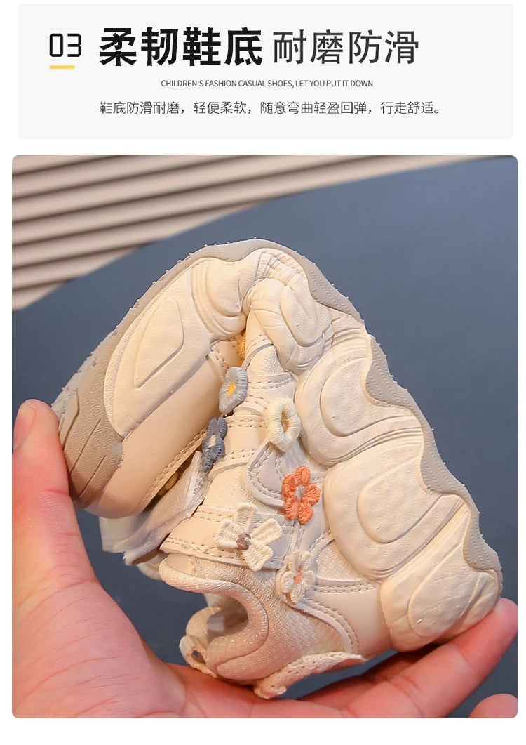 Fashion Leather Sneakers for Girls Children Casual Sports Shoes Floral Pattern Shoes for Kids Comfortable Walking Shoes