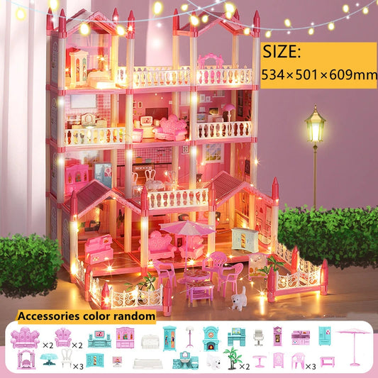 Girls Toddler Doll House - Large Doll House with 4 Dolls, Furniture, Accessories, LED Lights