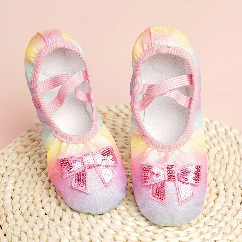 Children's Dance Shoes Girls Ballet Flats Shoes Rainbow Bow Sequins Leather Soft Soled