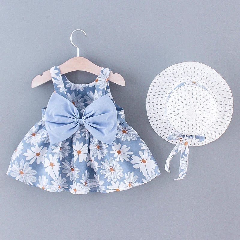 Baby Girl Dress Summer Bow And Full Print Daisy Pattern Suspender Beach Baby Dresses