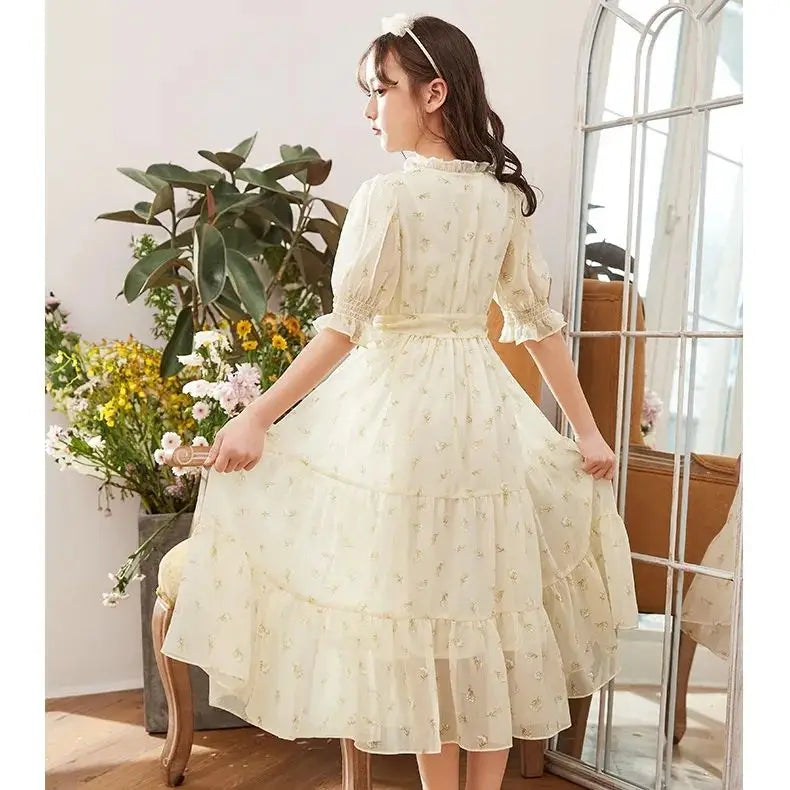 Girls Summer Chiffon Floral Dress Fashion Bow Lace Elegant Girl Kids Birthday Long Dress