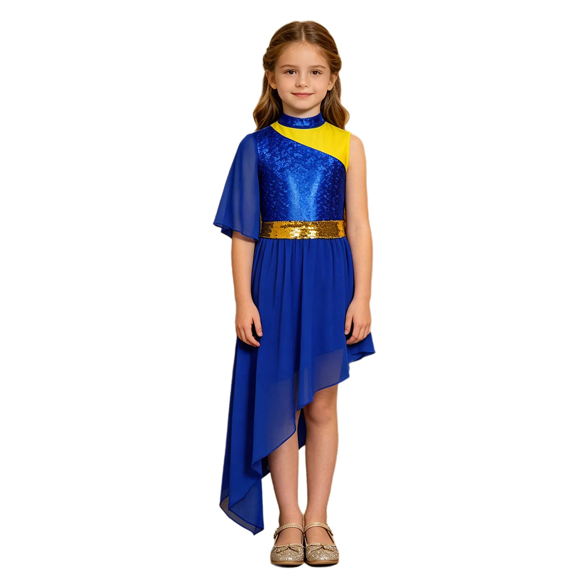 Kids Girls Lyrical Contemporary Worship Liturgical Praise Dance Dress Flare Sleeve Sequin Splice Dress Performance Costume