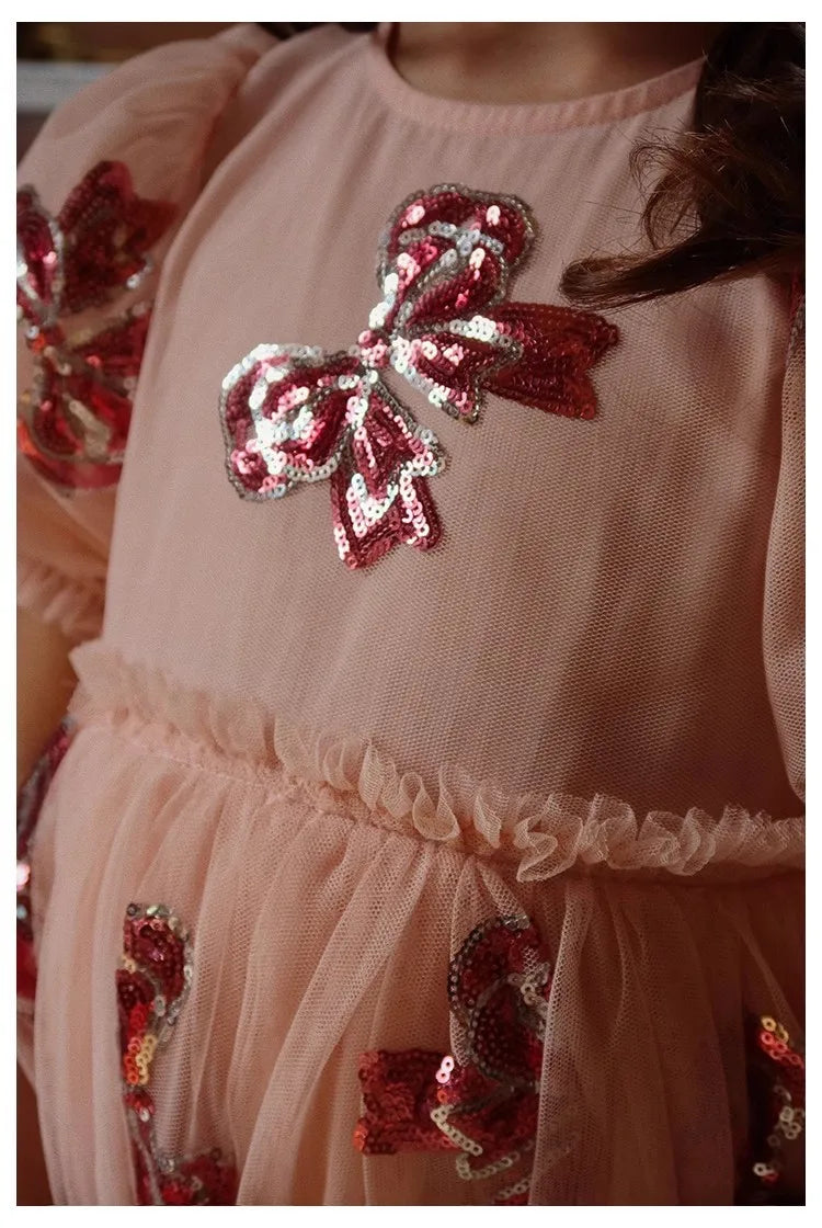 Girls' Dress 2025 Summer Danish New Cute and Fashionable Bow Sequin Princess Dress