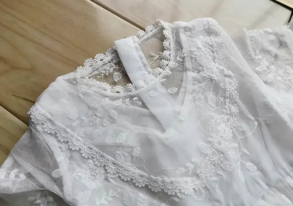 Korean Girls Dress Princess Party Wedding Lace Embroidery Long Dress