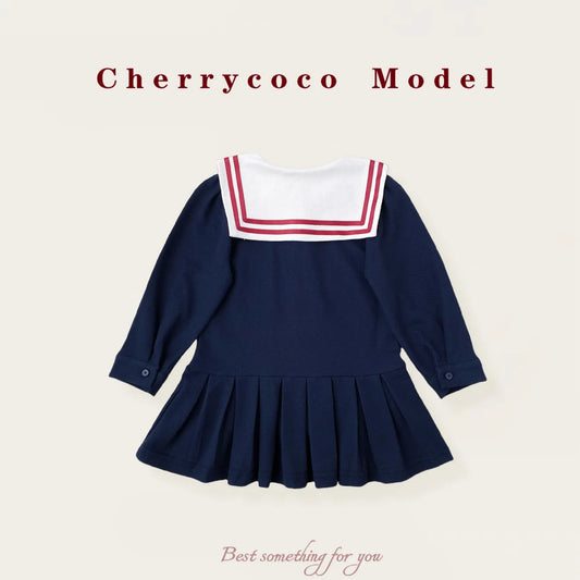 Girls Dress 2025 Autumn New Baby Girl Academy Navy Style Big Turn-down Collar Dress