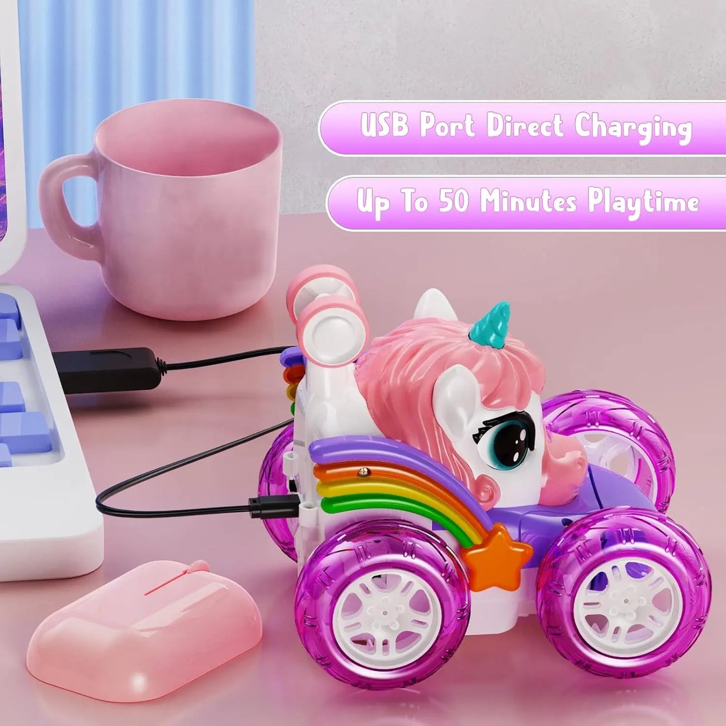 Unicorn Remote Control Car for Girls, 360° Rotating 4WD Stunt RC Cars with Cute Lights