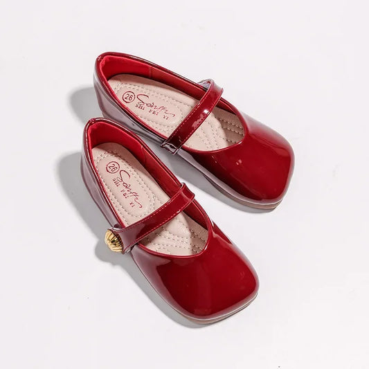 2025 Girl's Leather Shoes Square Toe Elegant Shallow Kids Mary Janes Flat Sole Comfy Children Single Shoes