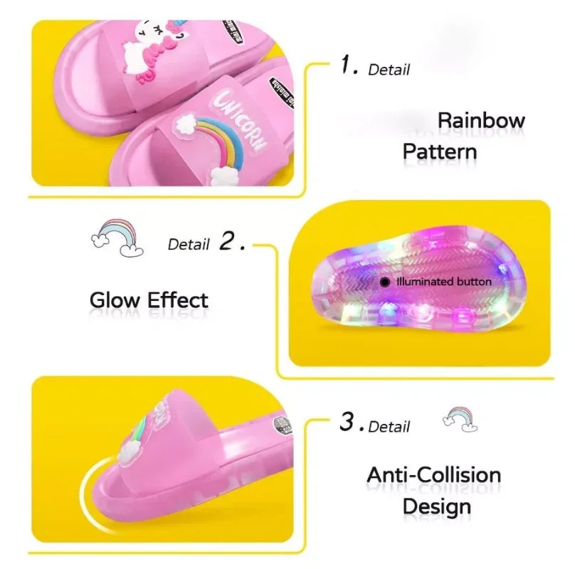 Children‘s Boys Girls Slippers Cartoon Unicorn Animals Prints Shoes Lighted