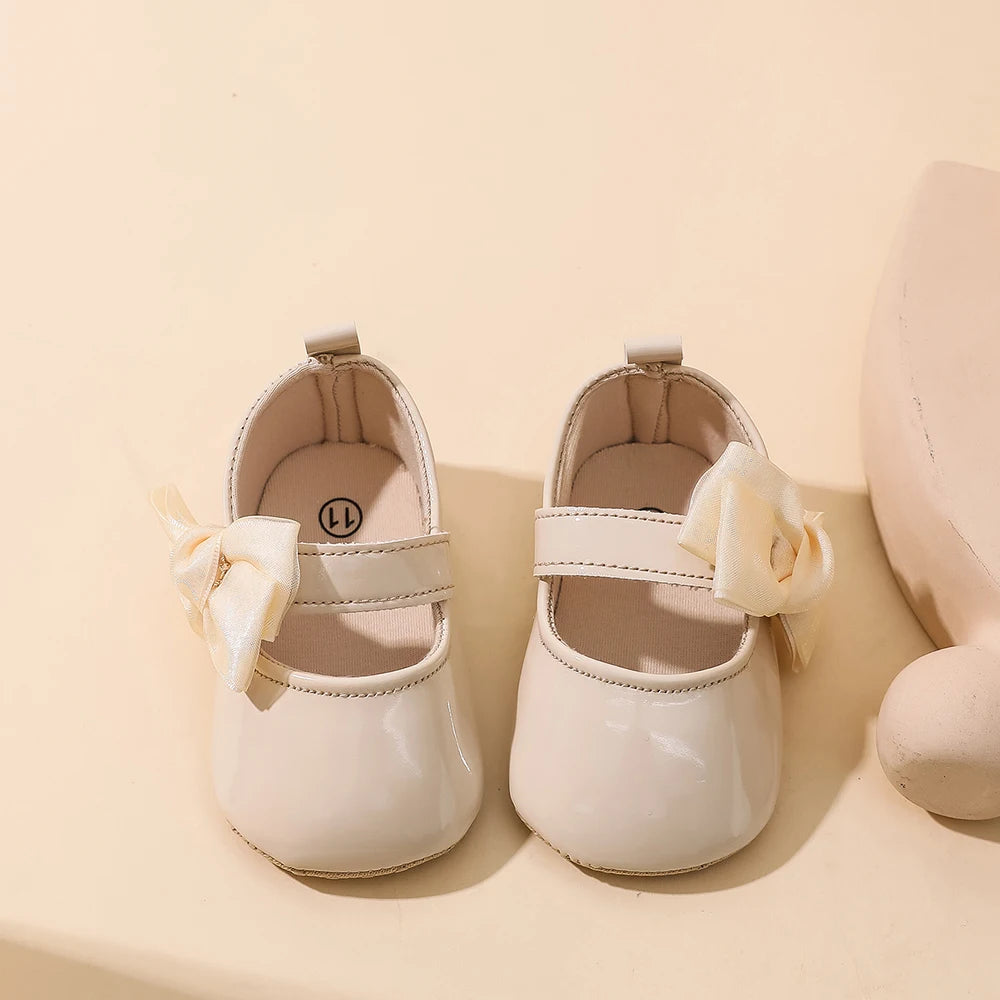 Baby Girls Bow Mary Jane Shoes Soft Non Slip Sole Magic Tape Lightweight Infant Pre Walker Newborn Crib Shoes For Daily Party We