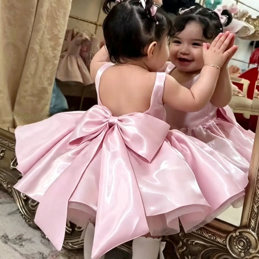 Baby Girl Satin Flower Girl Dress Low Back Thin Straps Bow Luxury Princess Gown  Dress