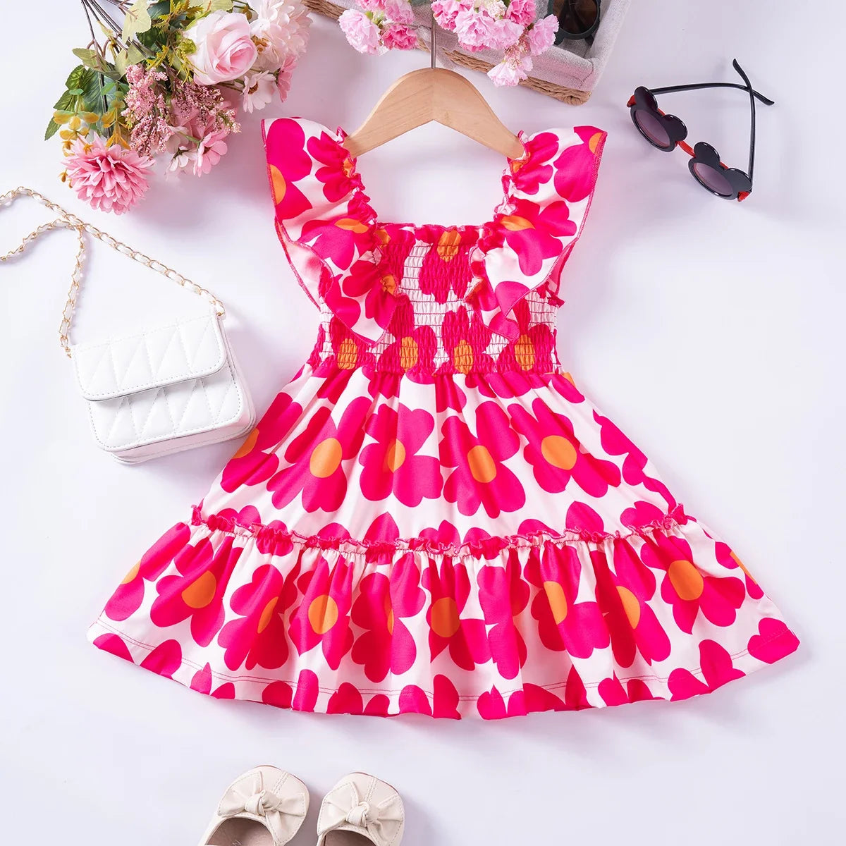 Summer Girls New Flying Sleeve Dress Floral Print Skirt