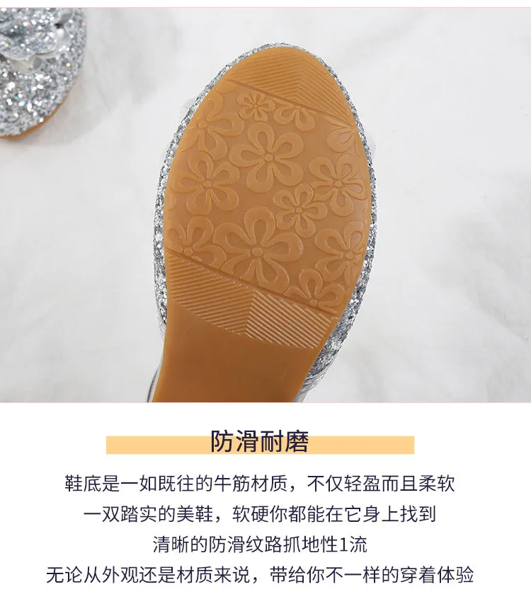 Girls' High Heels Fashion New Sequin Bow Shoes Children's Dance Single Shoes