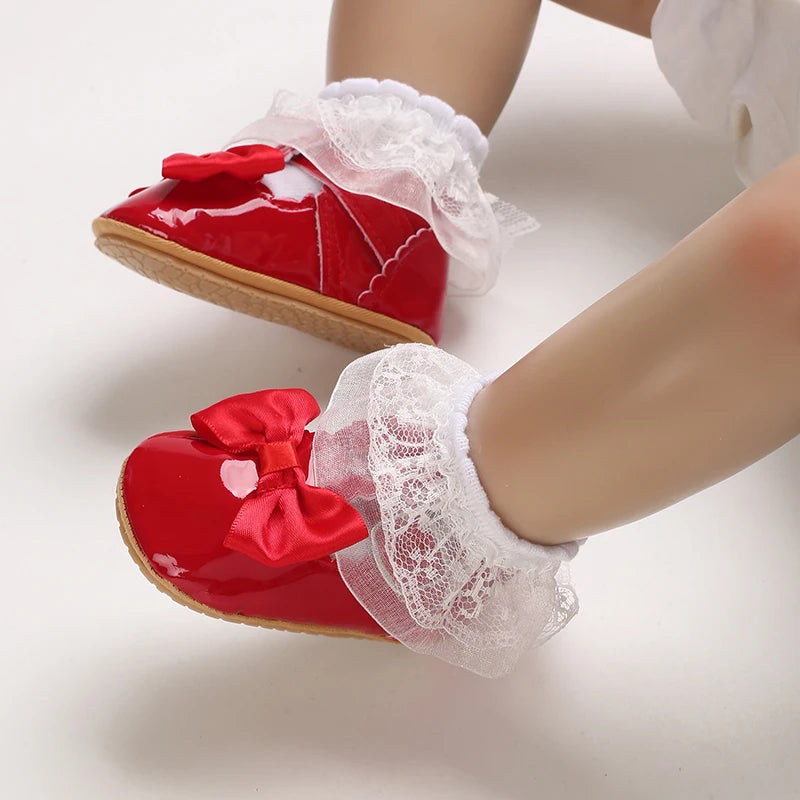 Baby Girls Shoes Classic Bowknot Rubber Sole Anti-slip PU Girls Dress Shoes
