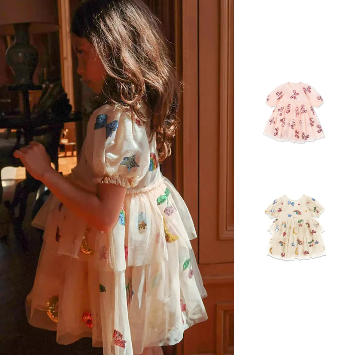 Girls' Dress 2025 Summer Danish New Cute and Fashionable Bow Sequin Princess Dress