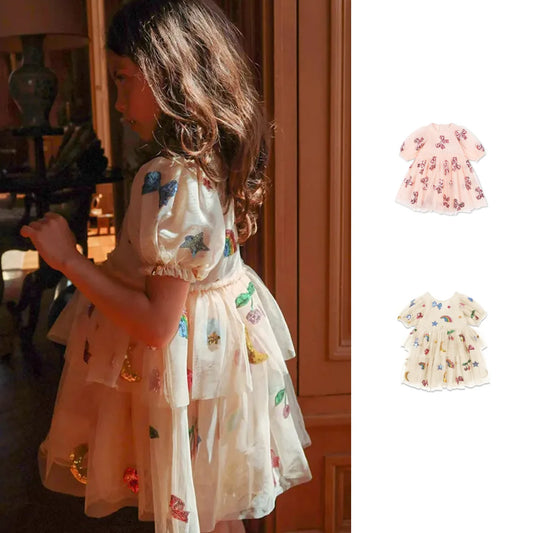 Girls' Dress 2025 Summer Danish New Cute and Fashionable Bow Sequin Princess Dress