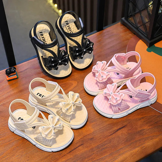 New Summer Bow Pearl Ornament Flat Sandals For Girls Aged 1-7