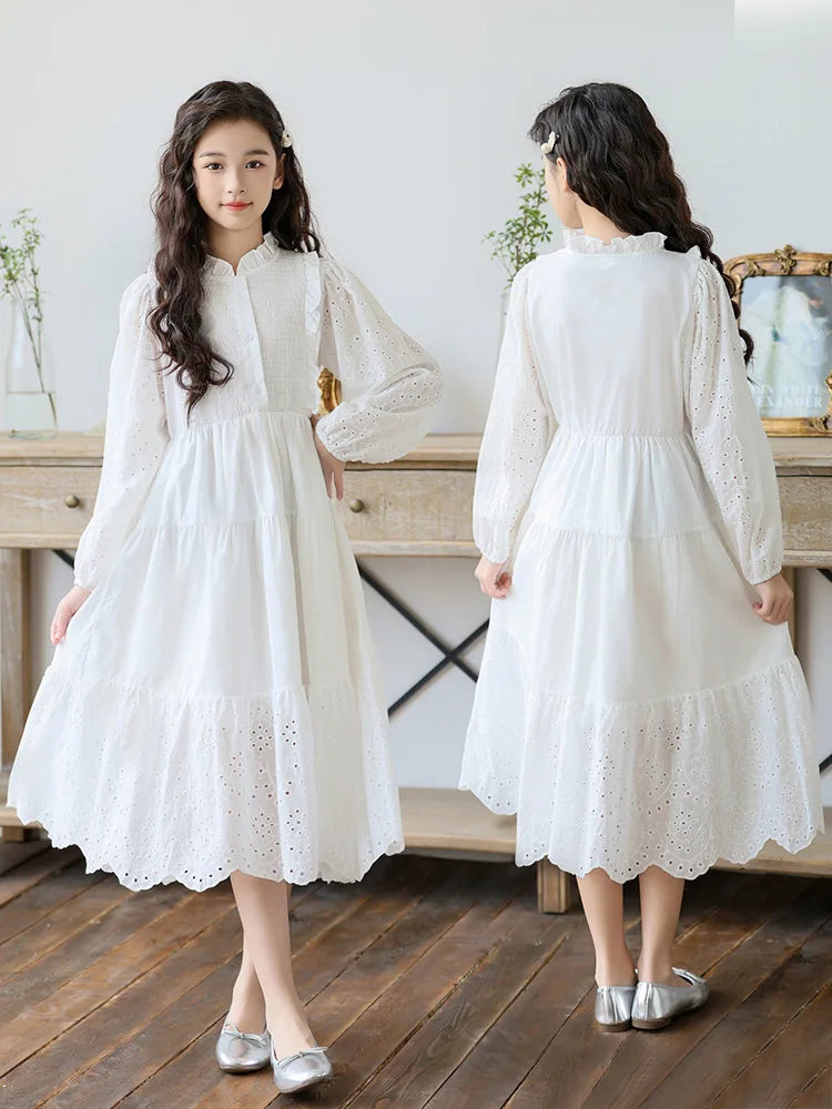 2026 spring hollow Dresses White kid baby party mesh princess Girls  dress