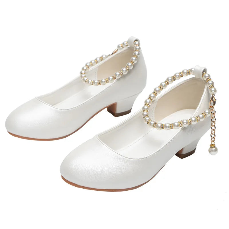 Girls' High-heeled Leather Shoes Spring Children's High-heeled Middle-aged Kid's White Wedding Host Show Princess Dress Shoes