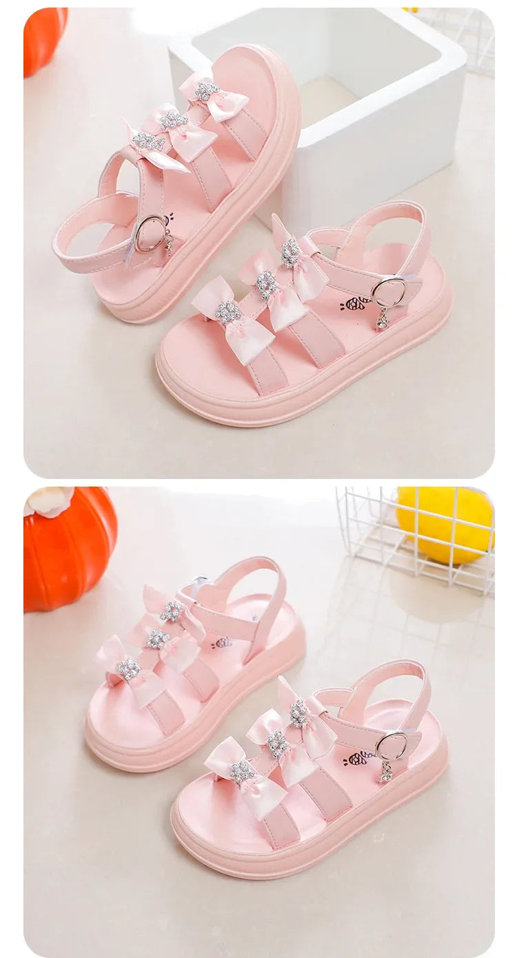 Girls Beach Shoes with Sweet Bows Soft Sole Kids Sandals Versatile 2025 Summer New Children Princess Shoes