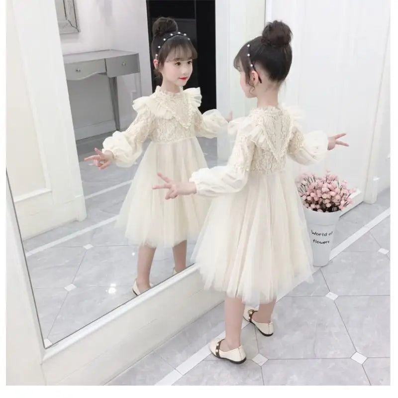 2023Girls' Autumn Winter New Fashion Half High Neck Long Sleeve Solid Color Dress
